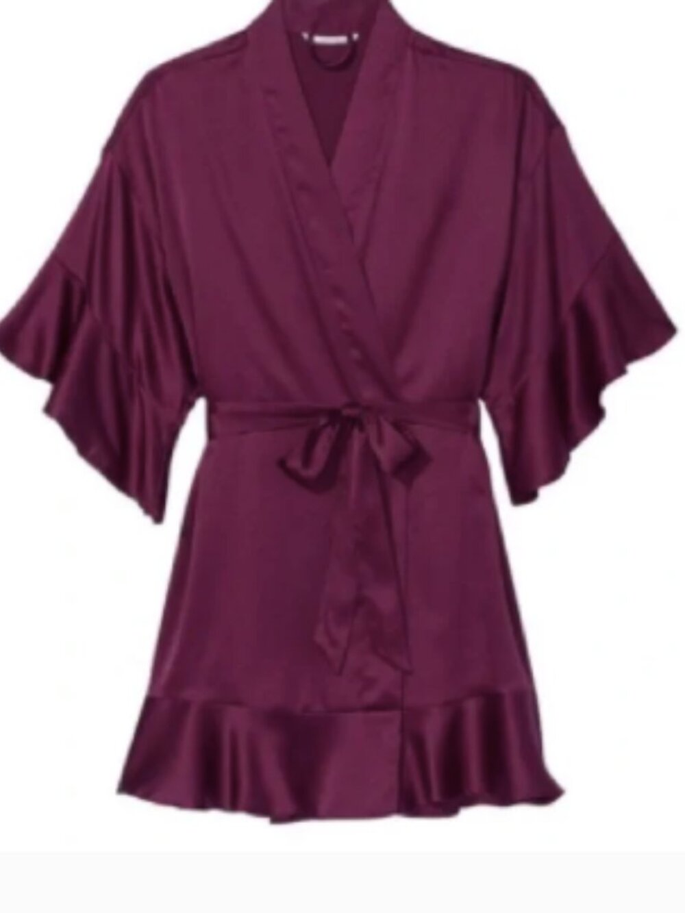 Victoria’s Secret Plum Satin Wrap Robe Ruffle Hem Tie Waist XS/S